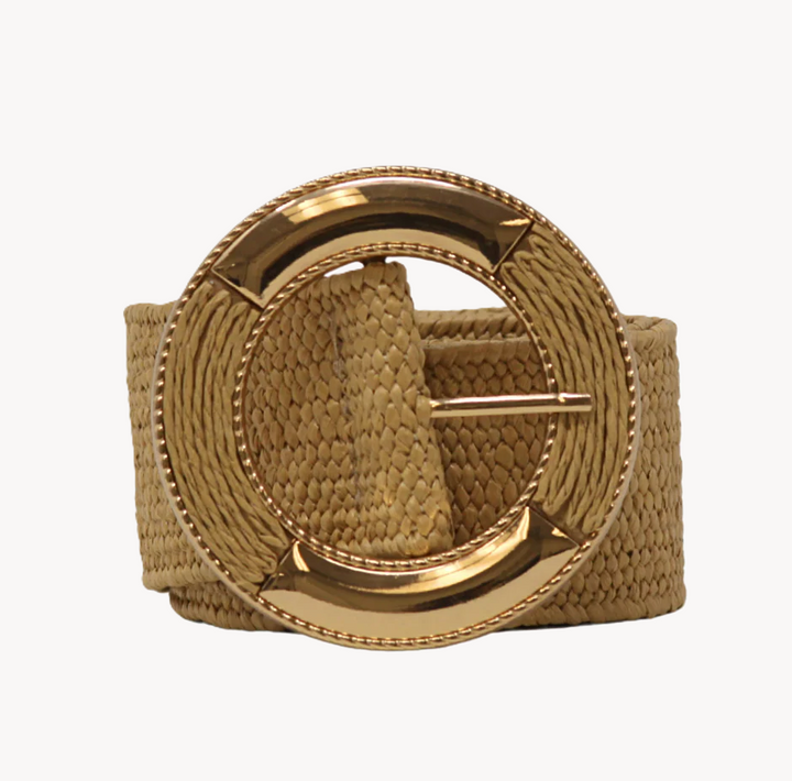 Straw w/ Metal Buckle Belt, Beige
