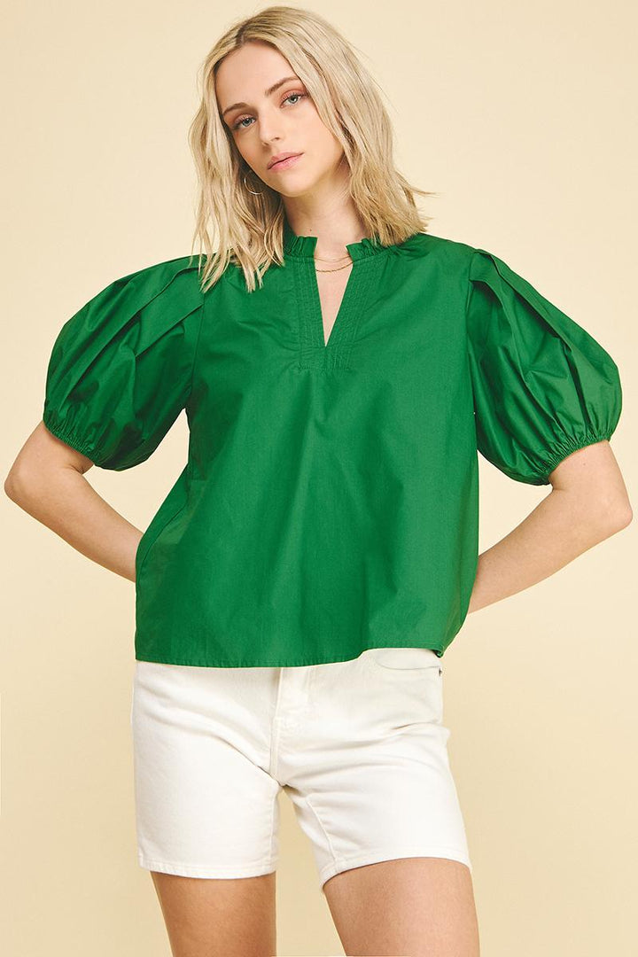 Short Sleeve V-Neck Woven Top, Garden Green