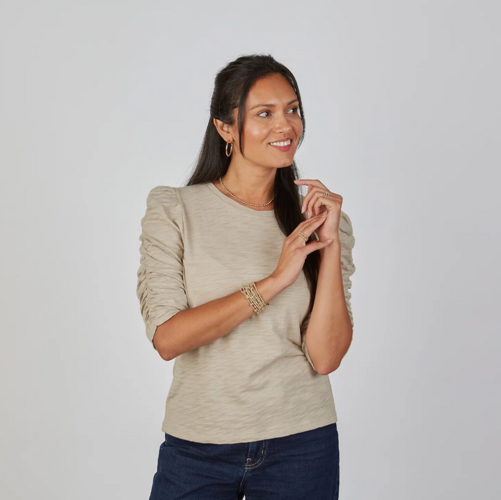 Sophie Ruched Elbow Length Tee, Washed Taupe