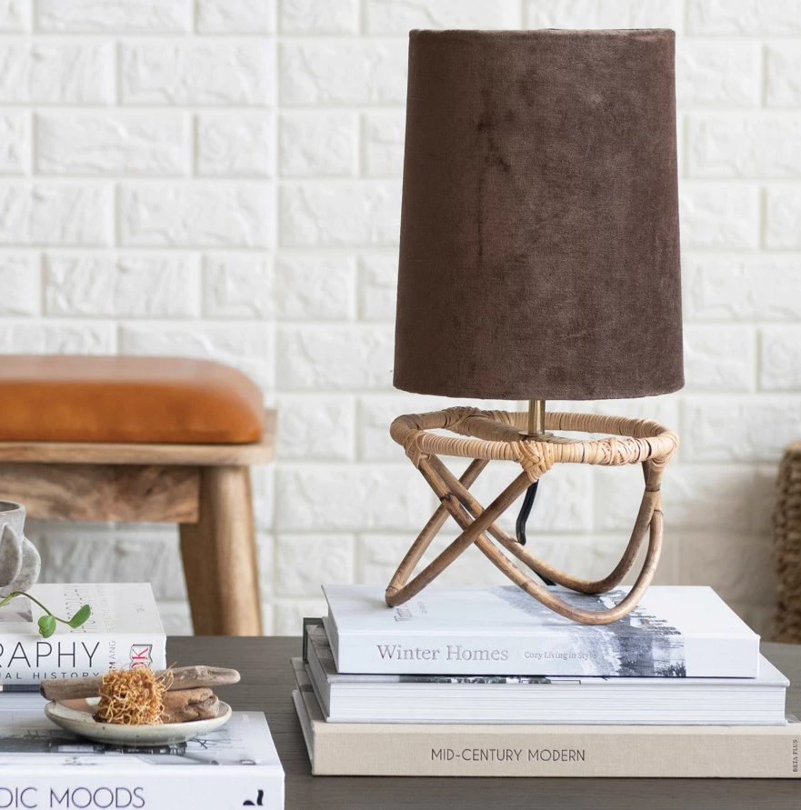 Hand-Woven Rattan Table Lamp w/ Cotton Velvet Shade