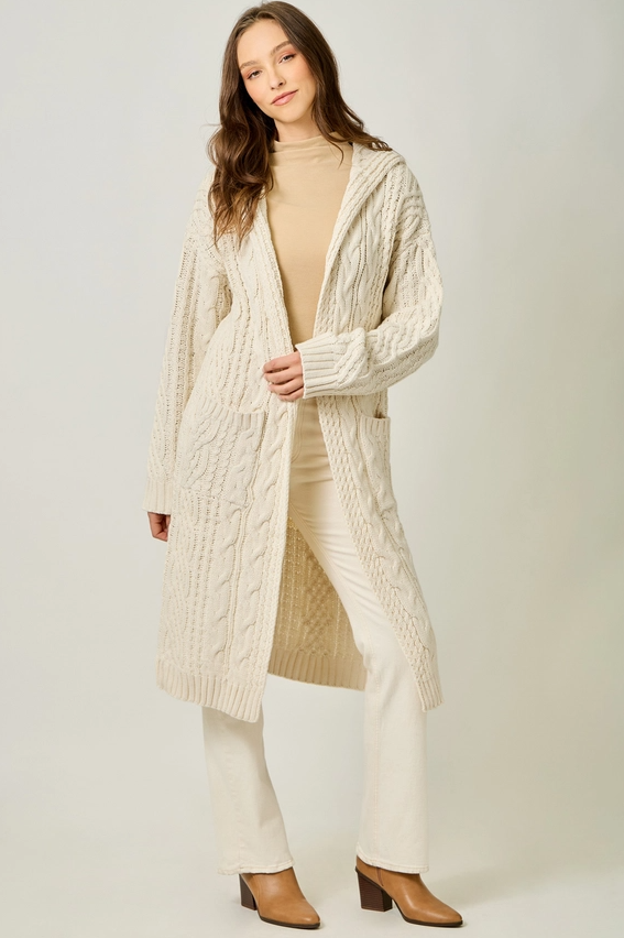Open Long Hooded Cardigan, Almond