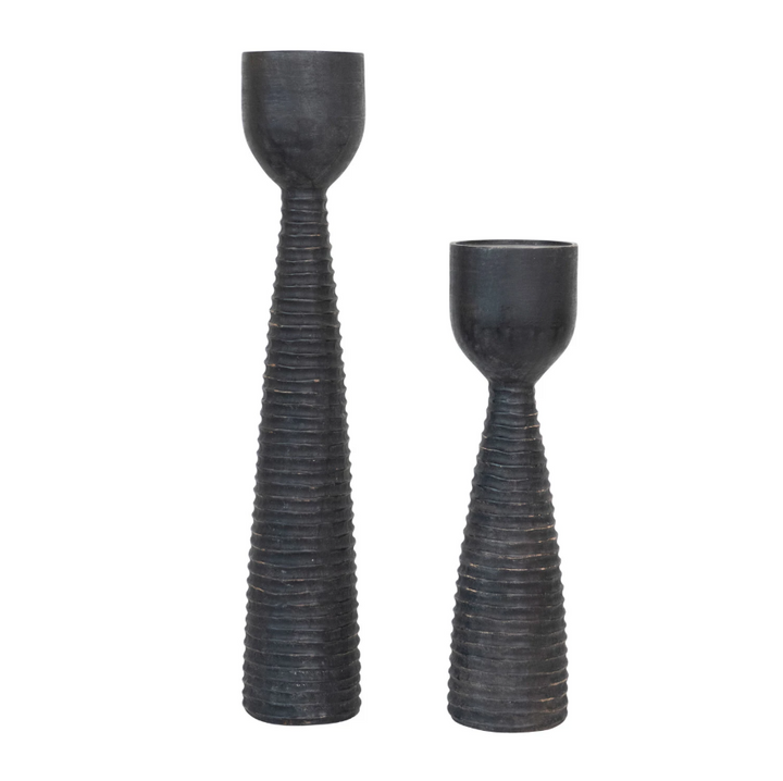 Hand-Carved Ribbed Candle Holder, Black - 13 Hub Lane   |  Wood Candle Holders