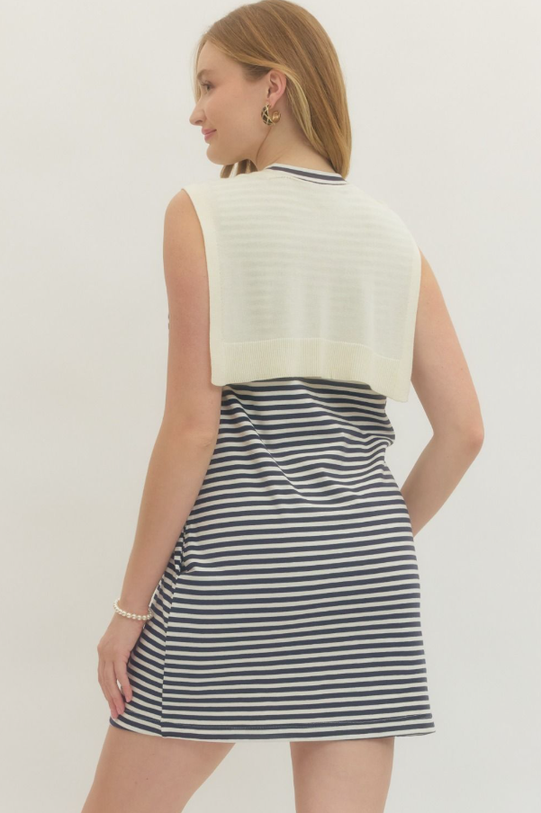 Striped Sleeveless Mini, Cream w/ Navy