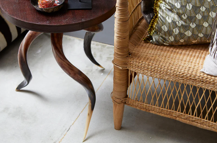 Polished Kudu Horn Table, Embossed Brown Leather