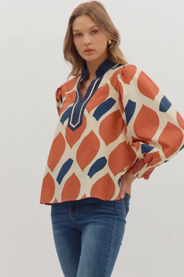 Geometric V-Neck Top, Ecru & Rust