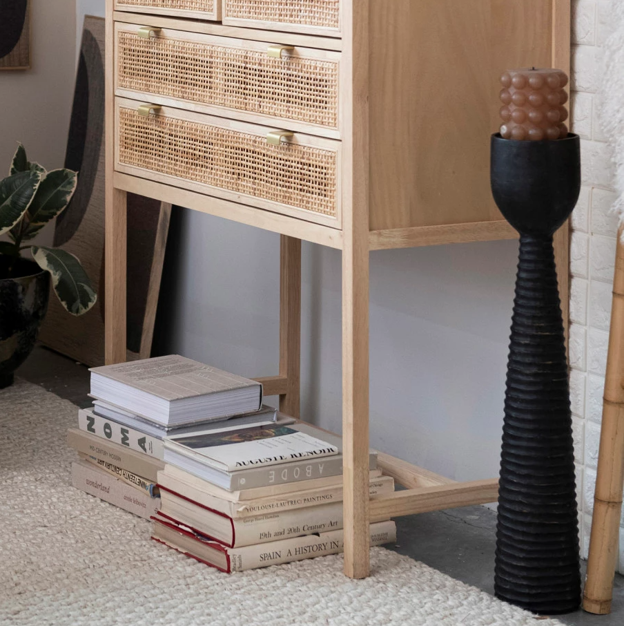 Hand-Carved Ribbed Candle Holder, Black - 13 Hub Lane   |  Wood Candle Holders