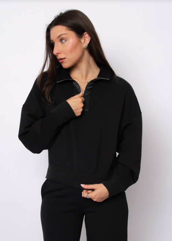 Mailyn Satin Trim Half-Zip, Black