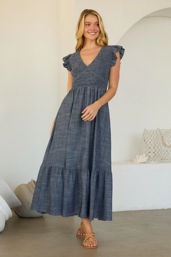 Smocked Flutter Sleeve Chambray Dress, Denim Blue