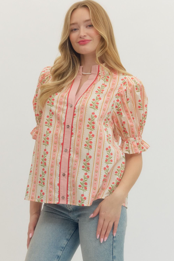 Floral Stripe Puff Sleeve Top, Red - 13 Hub Lane   |  