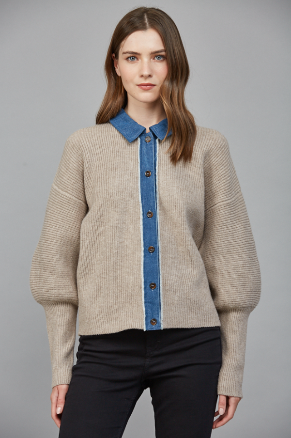 Knit Cardigan w/ Denim Collar, Light Mocha