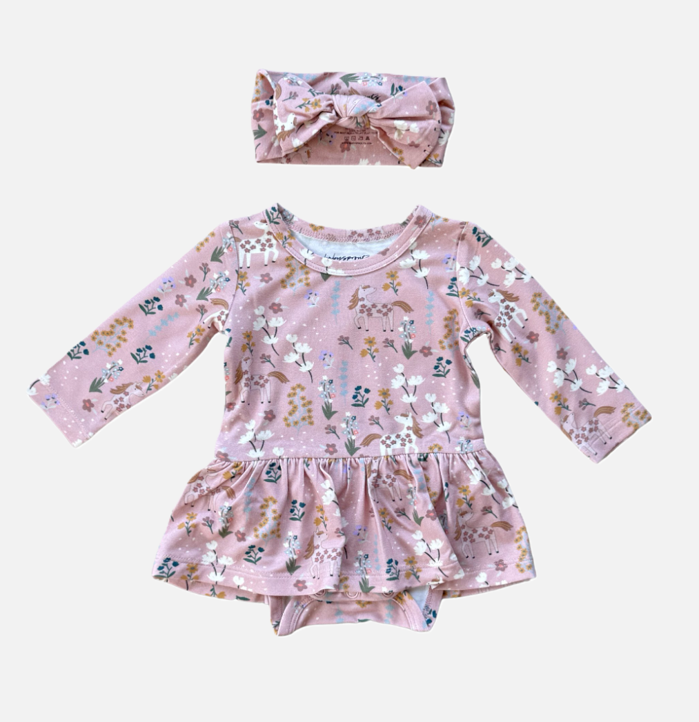 Ruffle Bodysuit Dress & Headband Set, Unicorn - 13 Hub Lane   |  Girls Dresses