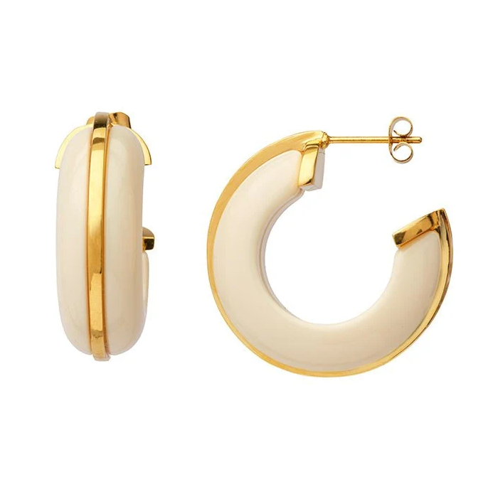 Ivory Resin & Gold Tone Hoops Earrings