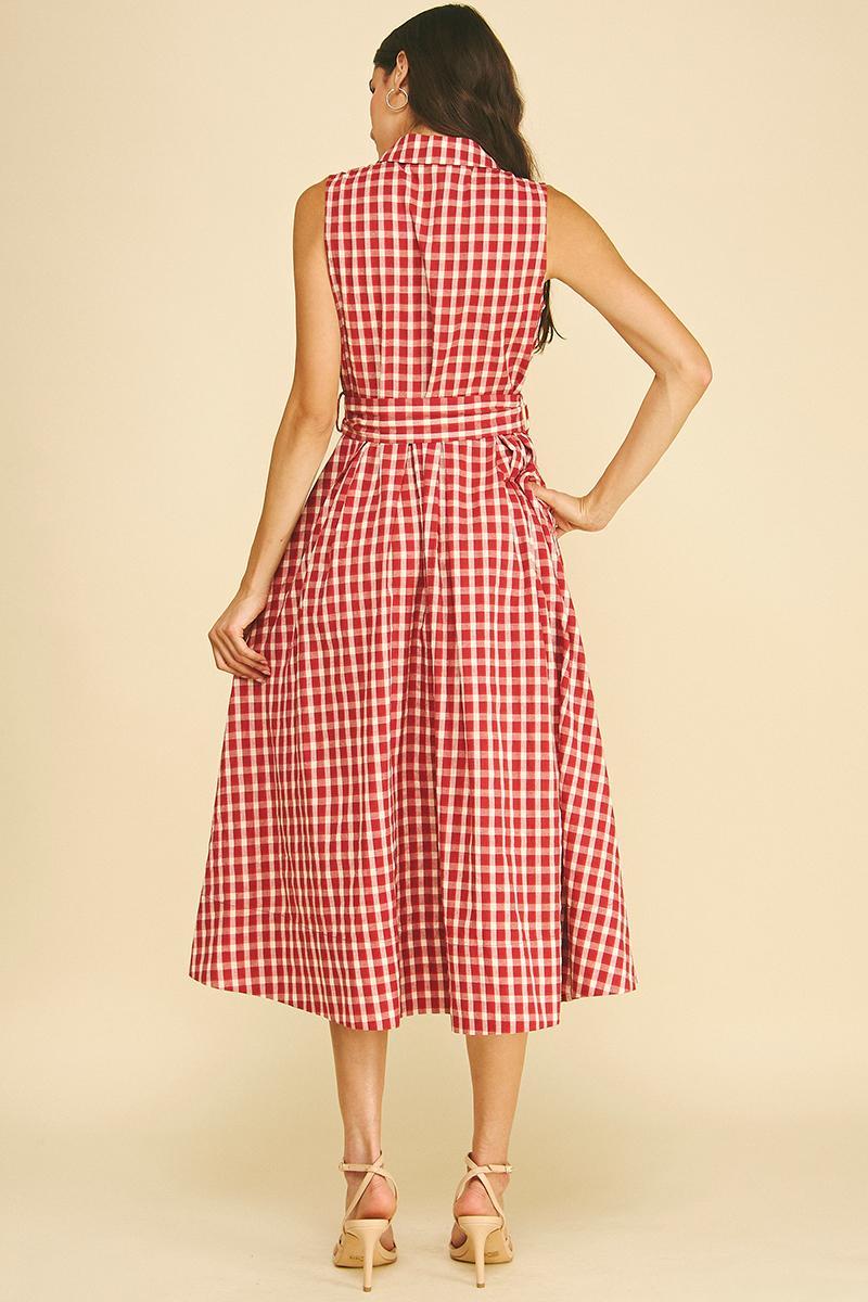 Gingham Check Button Down Midi Dress, Red