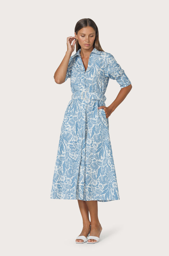 Chrissie Belted Maxi Poplin Dress, Botanical