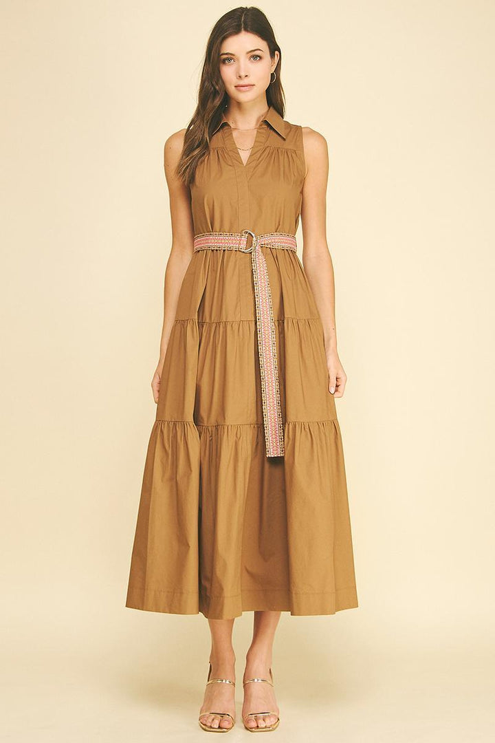 Tiered Midi Dress w/ Belt, Mocha