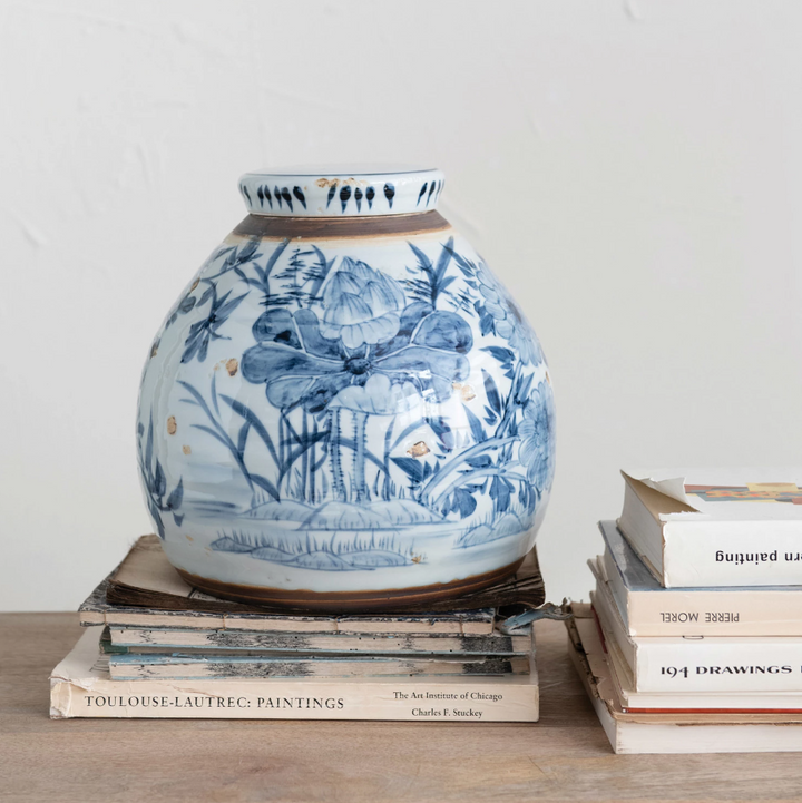 Hand-Painted Stoneware Ginger Jar w/ Lotus Flowers