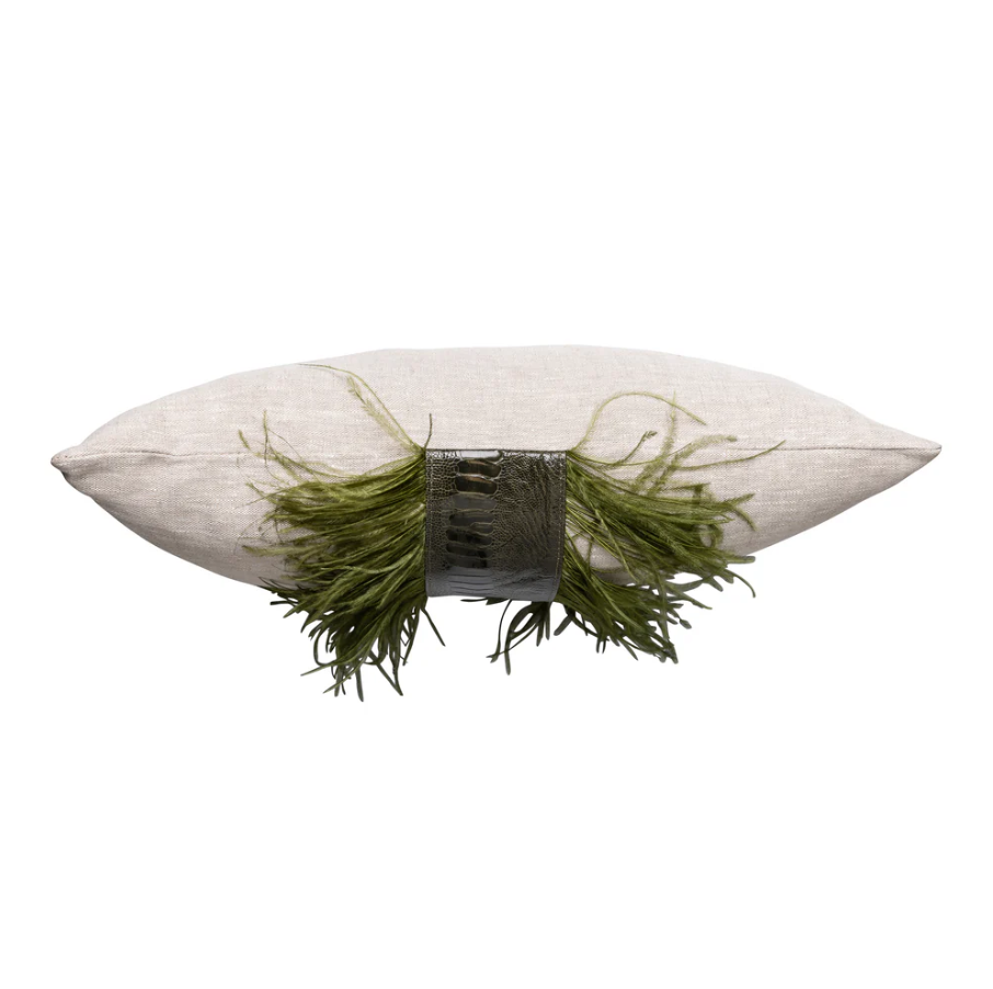 Ostrich Trim Linen Lumbar Pillow, Olive Natural - 13 Hub Lane   |  Ostrich Lumbars