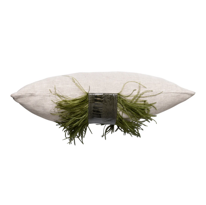 Ostrich Trim Linen Lumbar Pillow, Olive Natural - 13 Hub Lane   |  Ostrich Lumbars