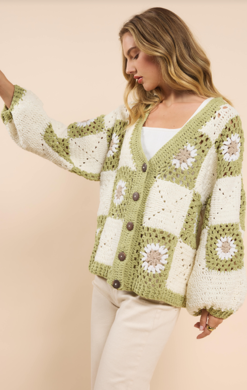 Myriam Daisy Crochet Cardigan, Ivory Green