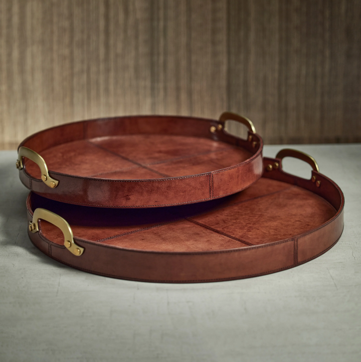 Aspen Leather & Brass Round Tray - 13 Hub Lane   |  Leather Trays