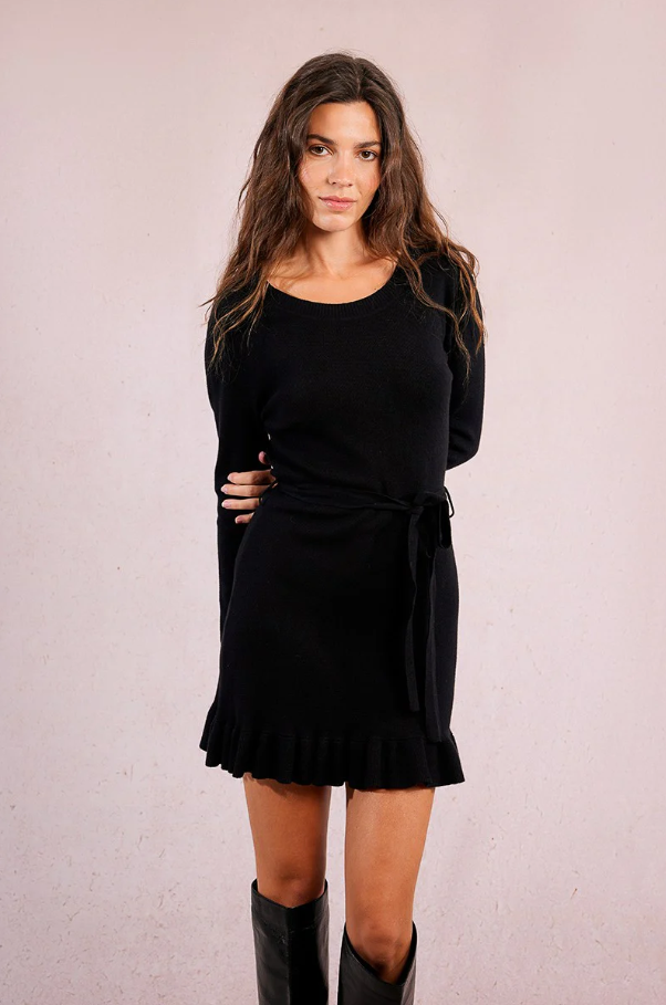 Belted Ruffle Knit Mini, Black - 13 Hub Lane   |  Mini Dresses