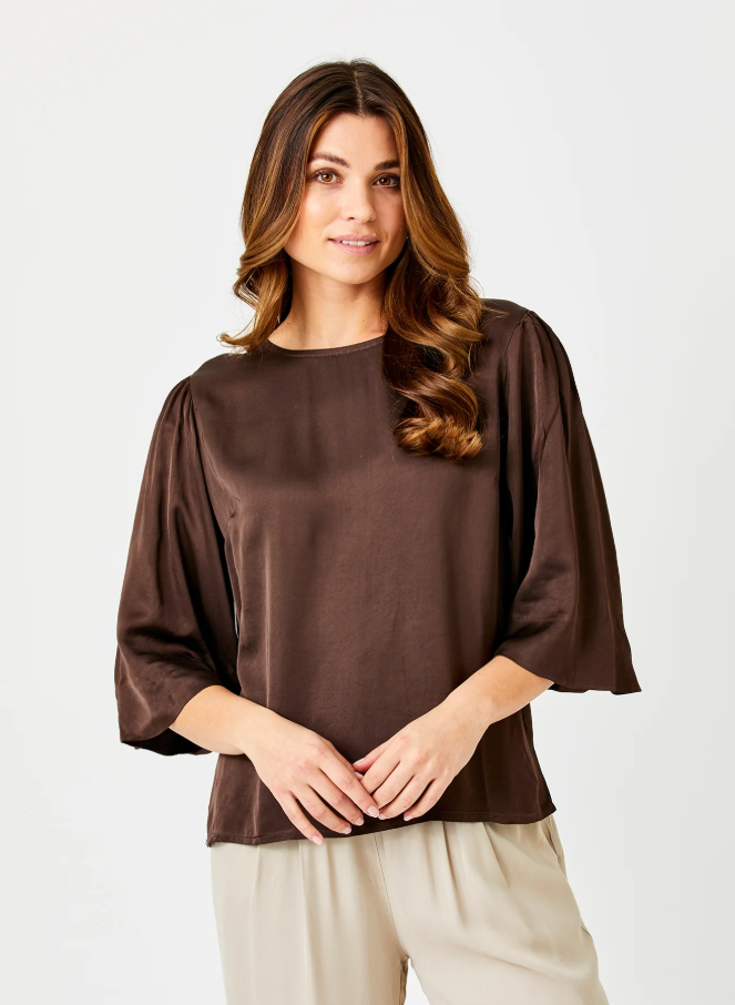 Gina Satin Wide Sleeve Top, Chocolate Brown - 13 Hub Lane   |  Wide Sleeve Tops