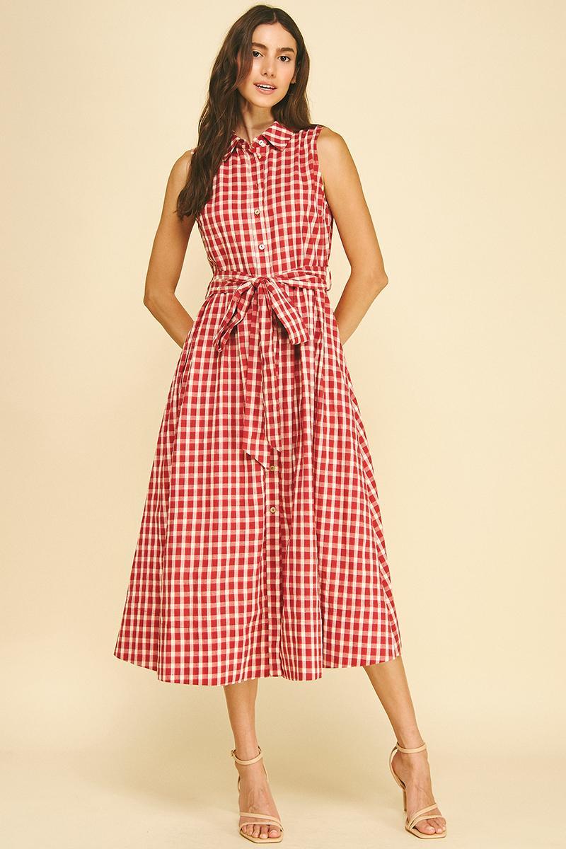 Gingham Check Button Down Midi Dress, Red