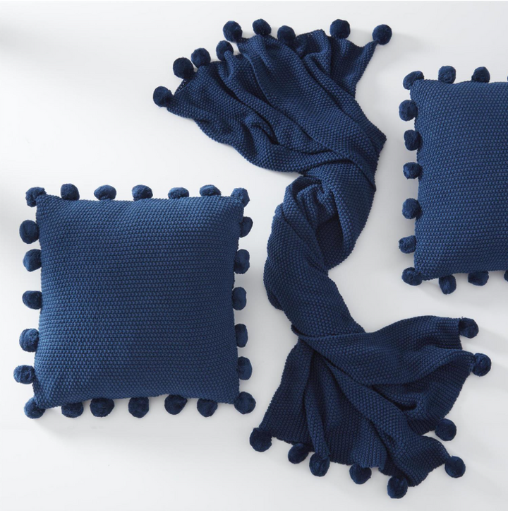 60" Moss Stitch Knit Throw Blanket w/ Pompom Trim