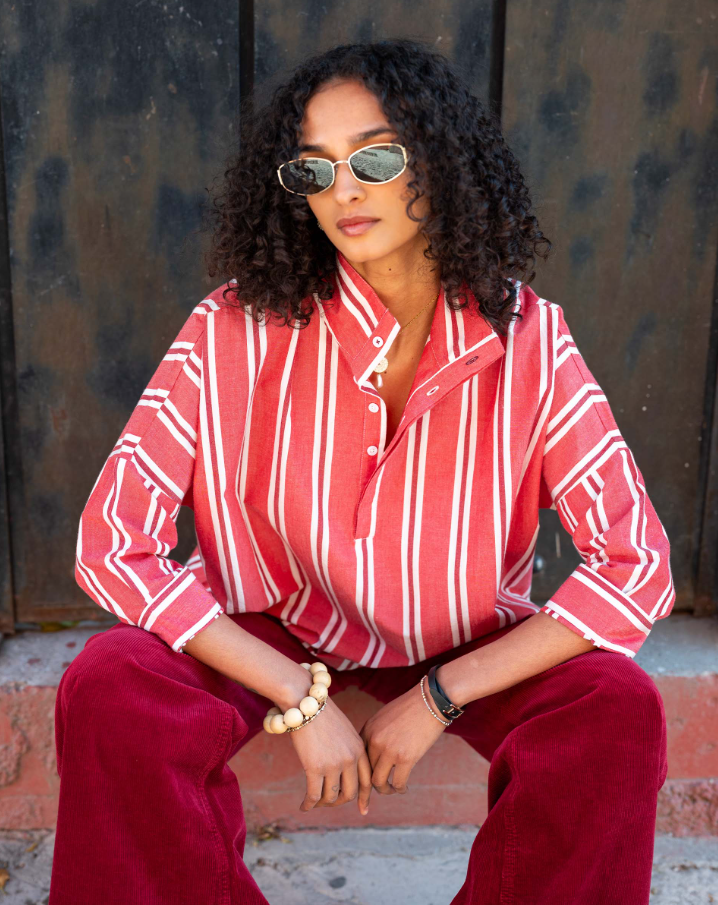 Emerson Top, Rojo Wide Stripe - 13 Hub Lane   |  Ruffle Collar Button-Ups