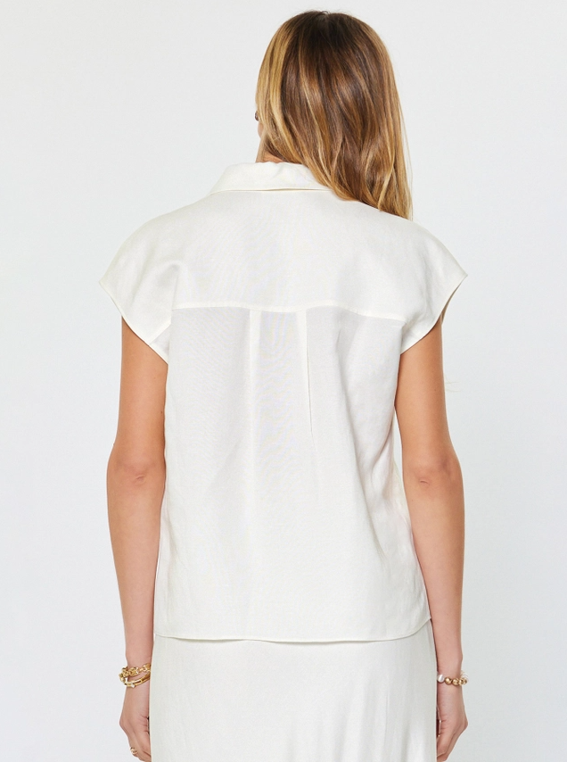 Linen Blend Cap Sleeve Blouse, White - 13 Hub Lane   |  Button-Ups
