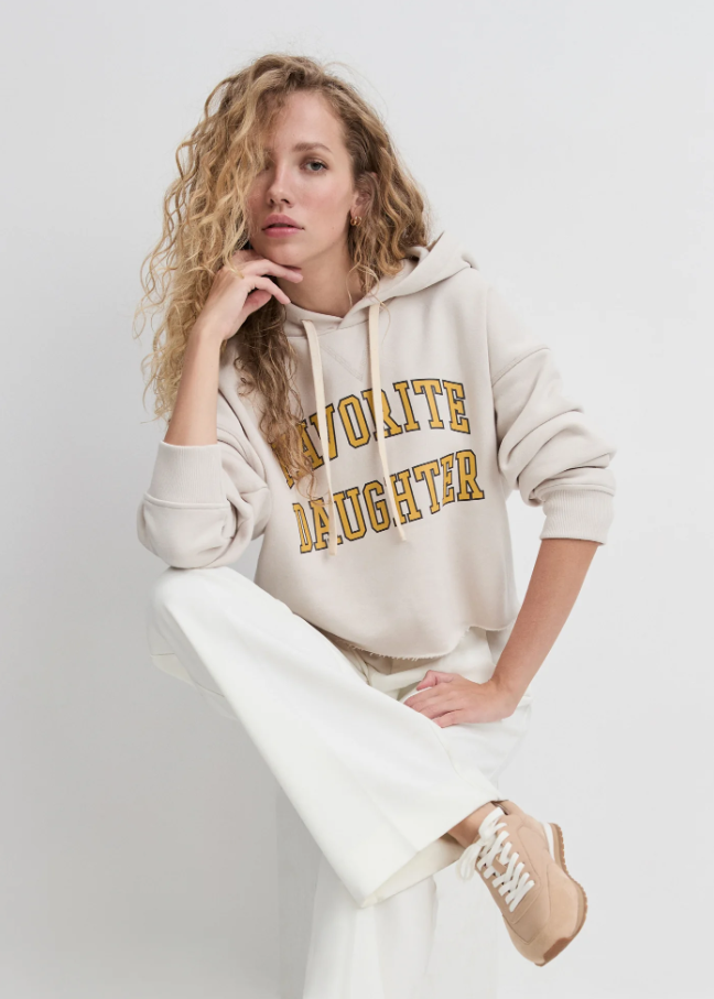 Favorite Daughter Cropped Collegiate Hoodie, Stone w/ Dijon