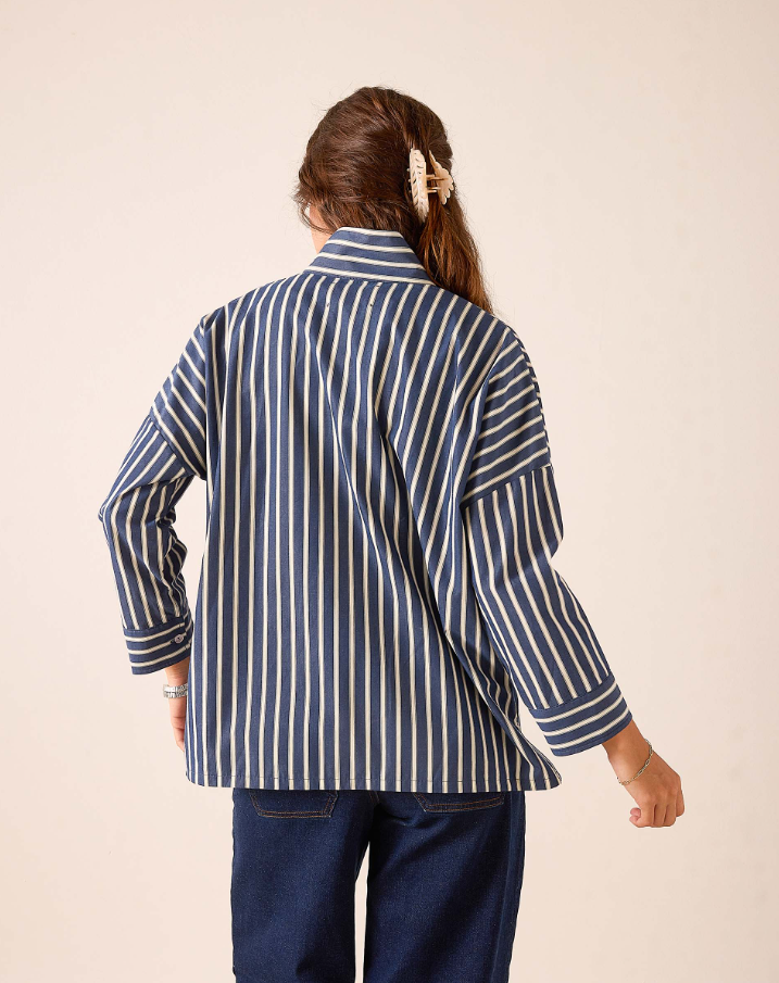 Emerson Pop Up Collar Top, Deep Blue Stripe
