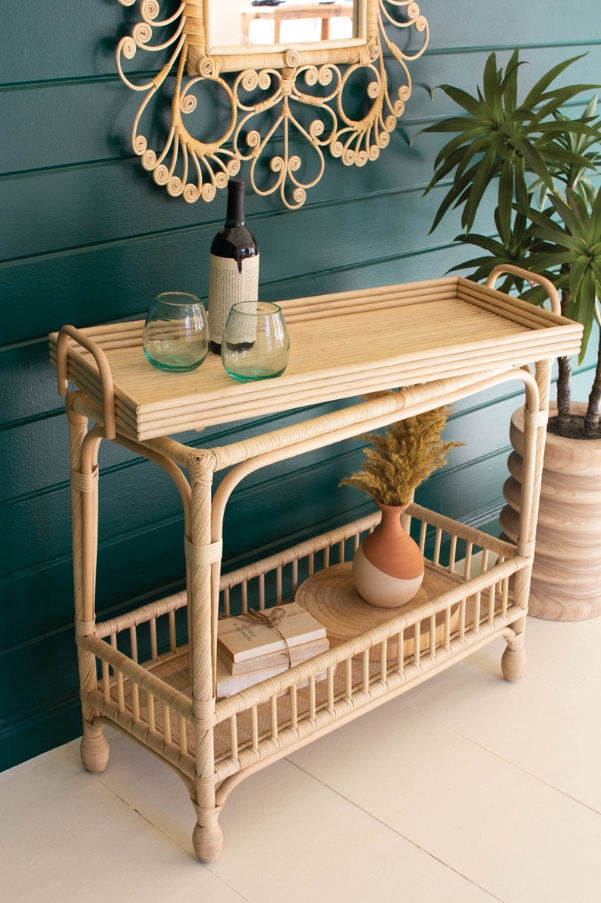 Woven Cane Boho Bar Cart / Tray Table - Thumbnail 2