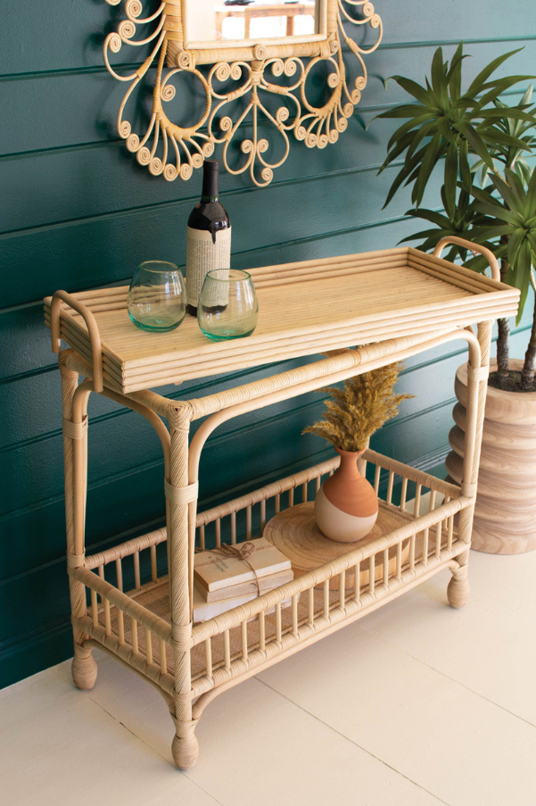 Woven Cane Boho Bar Cart / Tray Table