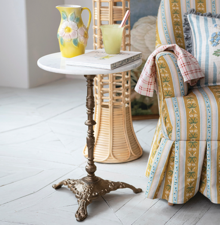 Marble Side Table w/ Embossed Metal Base, White & Gold