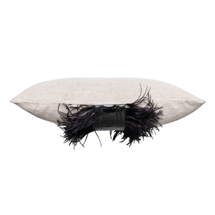 Ostrich Trim Linen Lumbar Pillow, Black Natural - 13 Hub Lane   |  Ostrich Lumbars