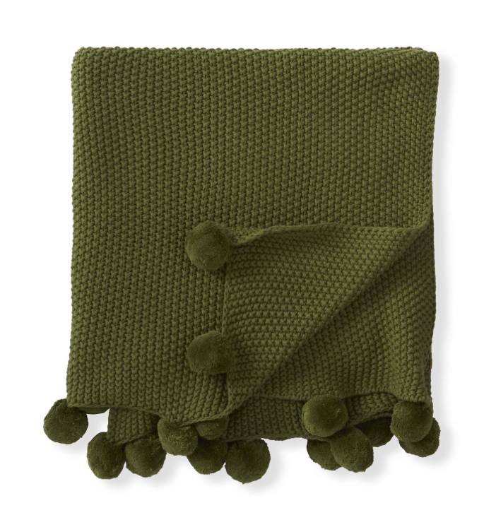 60" Moss Stitch Knit Throw Blanket w/ Pompom Trim