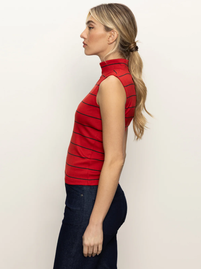 Striped Sleeveless Zip Mock Neck Top, Red Energy & Black - 13 Hub Lane   |  Mock Neck Tanks