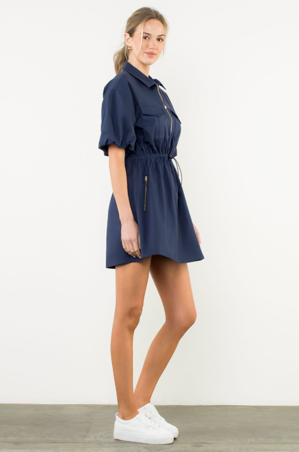 Puff Sleeve Half-Zip Dress - 13 Hub Lane   |  Mini Dresses