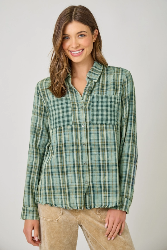 Fringed Bottom Washed Plaid Button-Up, Green