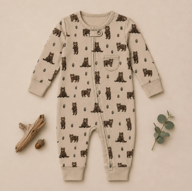 Organic Footless 2-Way Zipper Romper, Black Bear