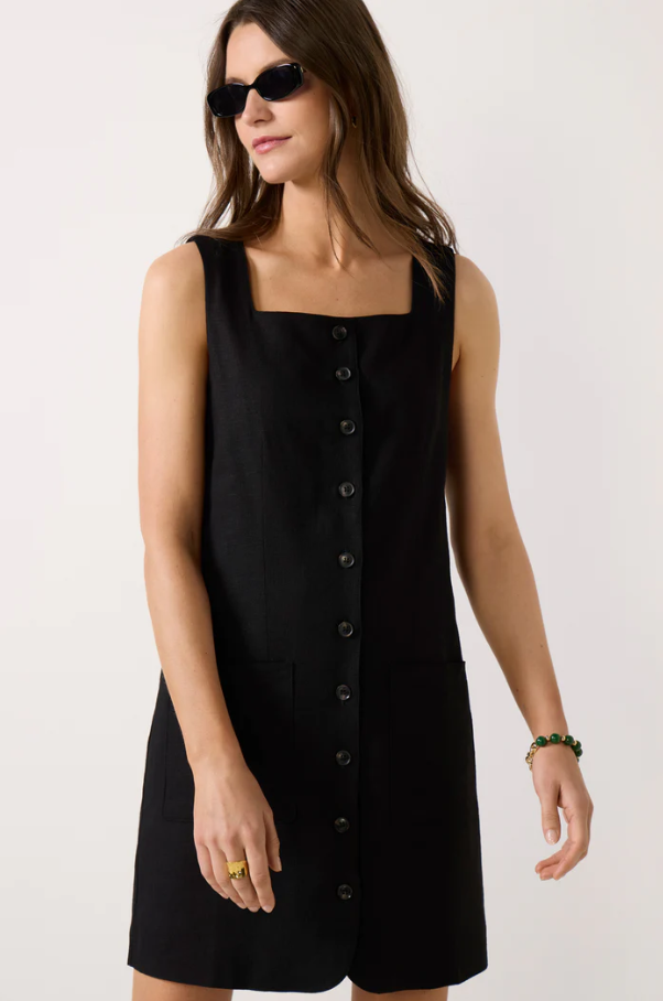 Posh Button Linen Dress, Black