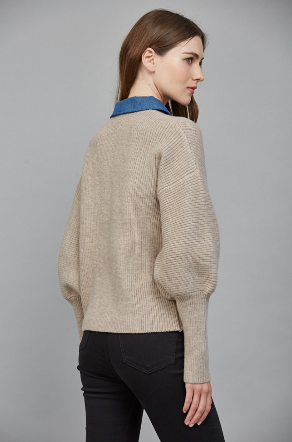 Knit Cardigan w/ Denim Collar, Light Mocha