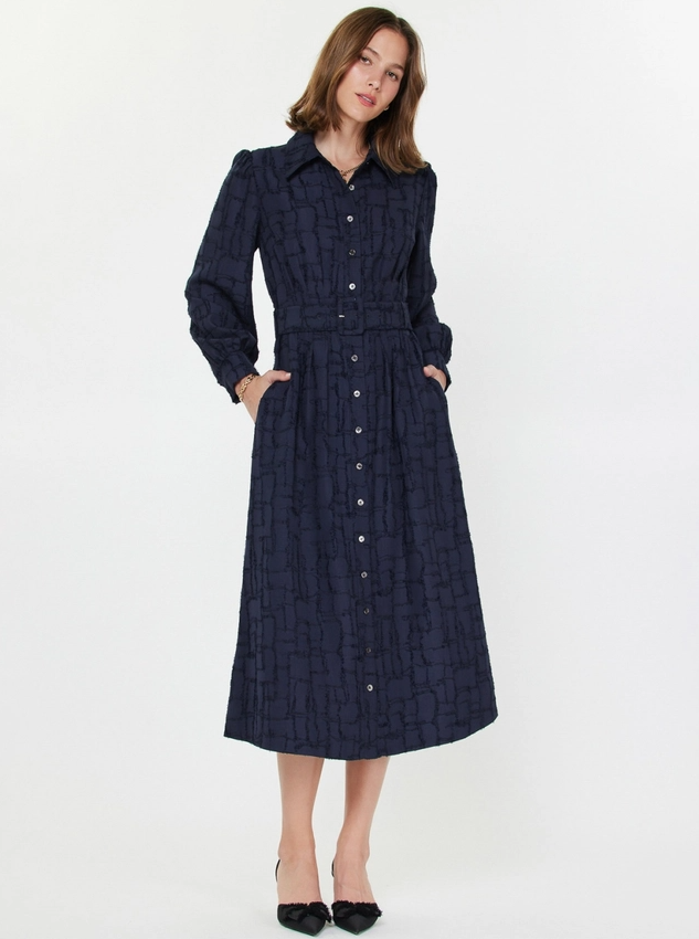 Textured Jacquard Shirt Midi Dress, Navy - 13 Hub Lane   |  Midi Dresses