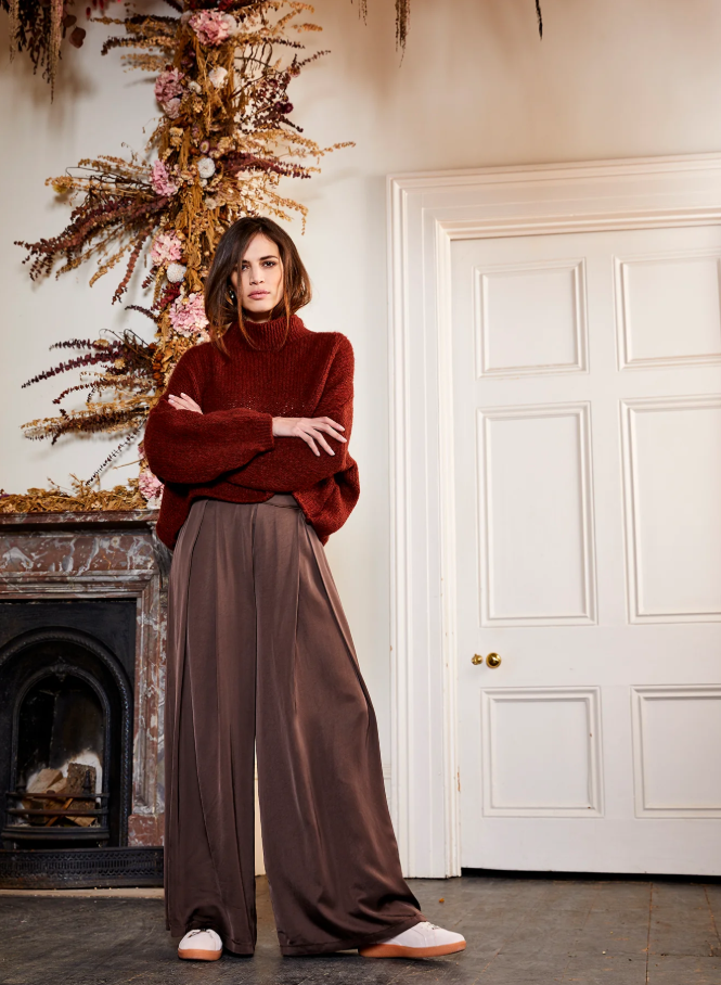 Gia Satin Pleat Front Wide Pants, Chocolate Brown - 13 Hub Lane   |  Dress Pants