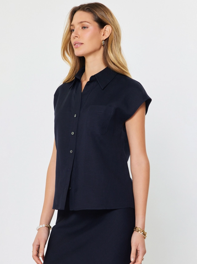 Linen Blend Cap Sleeve Blouse, Navy - 13 Hub Lane   |  Button-Ups