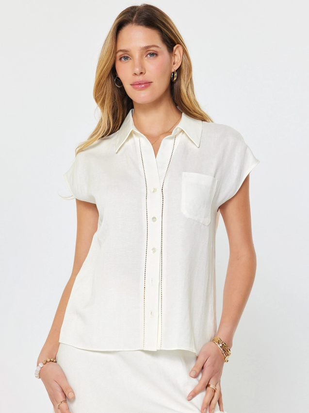Linen Blend Cap Sleeve Blouse, White - 13 Hub Lane   |  Button-Ups