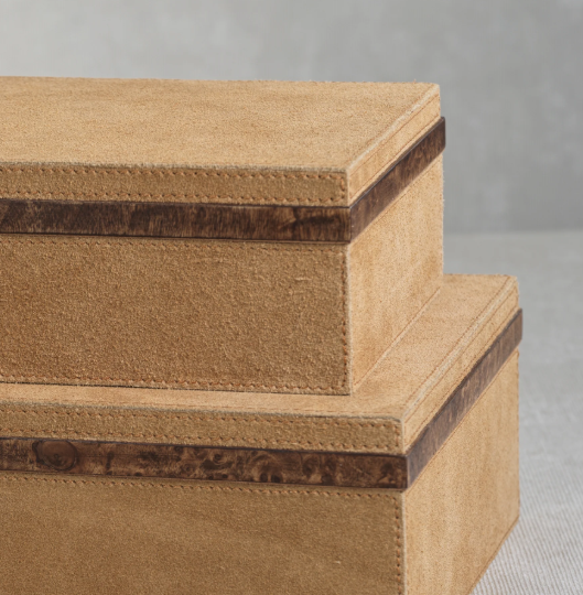 Cortina Suede Box w/ Burl Wood Trim - 13 Hub Lane   |  Decorative Boxes
