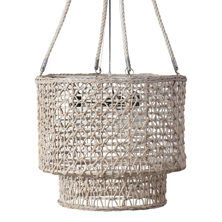 Double Barrel Hand Woven Natural Rope Chandelier, White Wash