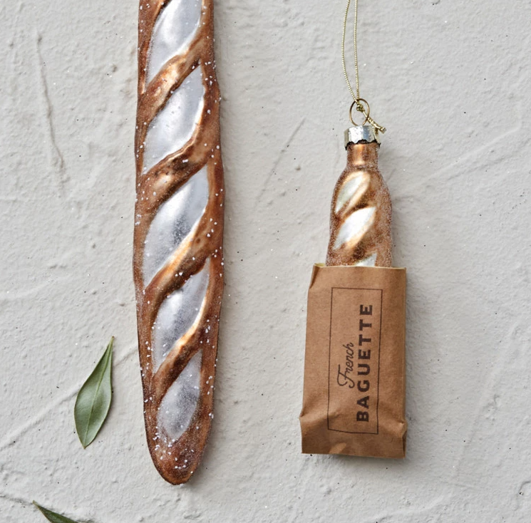 Hand-Painted Glass French Baguette in Bag Ornament